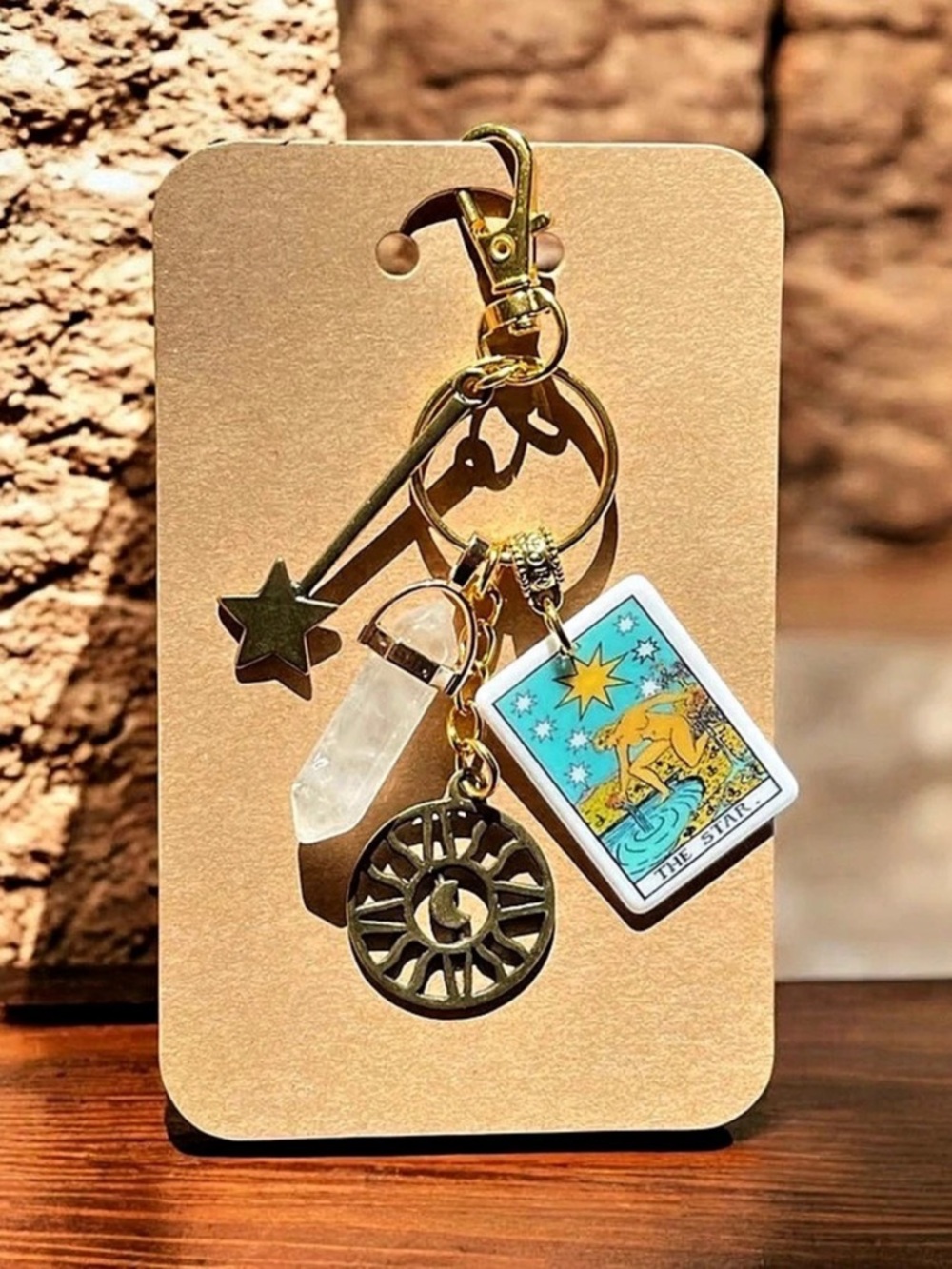 Handmade Clear Quartz Crystal and Tarot Card Charm Keychain